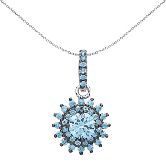 Silver Light Blue CZ Sunburst Solitaire Cluster Necklace - GVP490