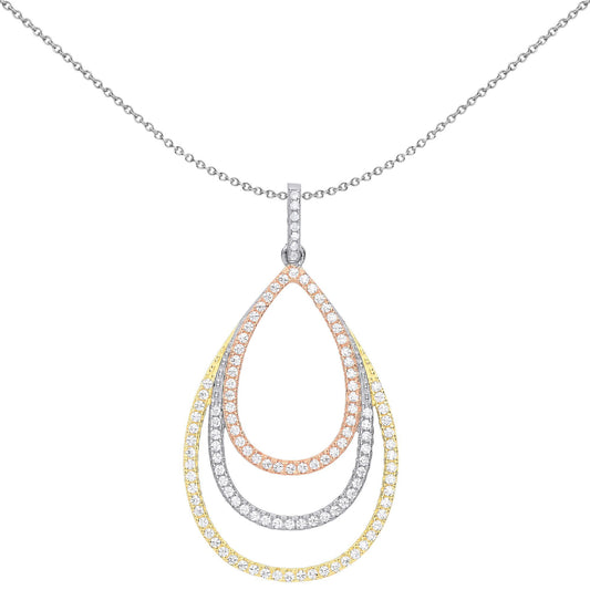 3-Colour Silver CZ Triple Tier Halo Tear Necklace 18 inch - GVP534