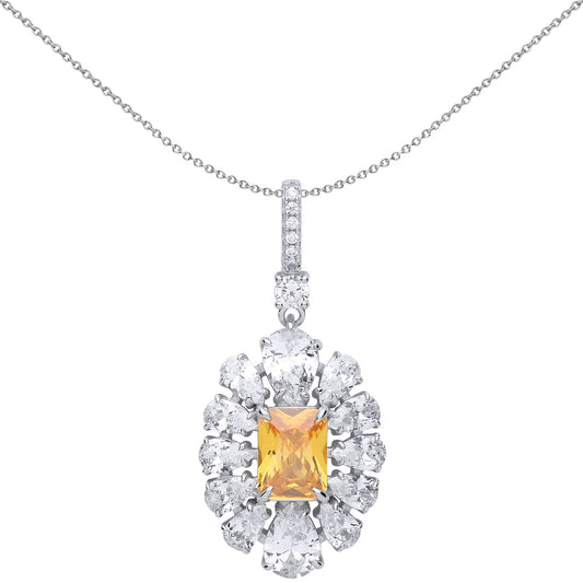 Silver Yellow Rectangular & Pear CZ Popcorn Flower Necklace - GVP537