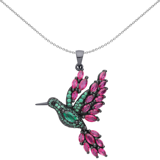 Black Silver Pink & Green Marquise CZ Hummingbird Charm Necklace - GVP539