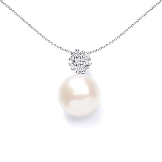 Silver CZ Pearl Mini Cluster Pendant Necklace 9mm 18 inch - GVP543