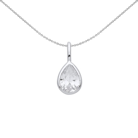 Silver Pear CZ Teardrop Bezel Solitaire Pendant Necklace 18 inch - GVP554