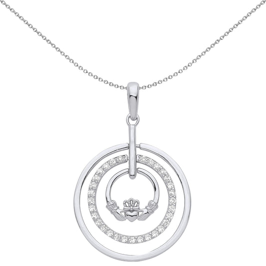 Silver CZ Magic Circle of Life Eternity Claddagh Necklace 18" - GVP565