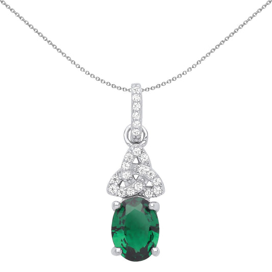 Silver Green Oval CZ Trinity Knot Solitaire Pendant Necklace 18" - GVP566