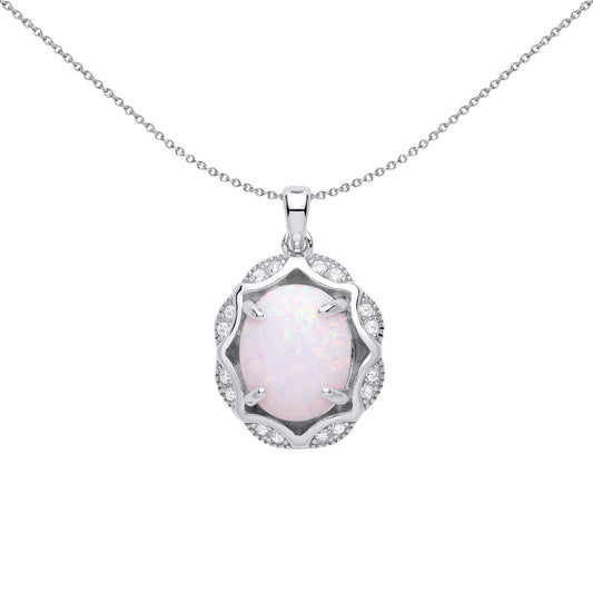 Silver Rainbow Oval Opal CZ Scallop Edge Predator Necklace - GVP573