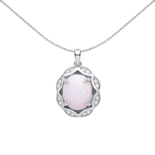 Silver Rainbow Oval Opal CZ Scallop Edge Predator Necklace 18" - GVP573