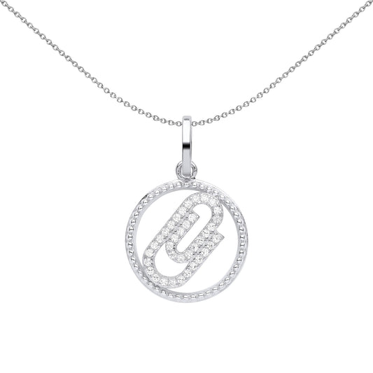 Silver CZ Beaded Halo Ring Paperclip Circle Pendant Necklace 18" - GVP575