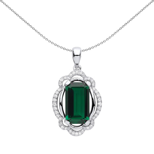 Silver Green Emerald CZ Scallop Rhombus Oval Necklace - GVP584