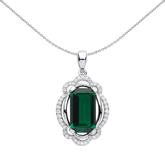 Silver Green Emerald CZ Scallop Rhombus Oval Necklace 18" - GVP584