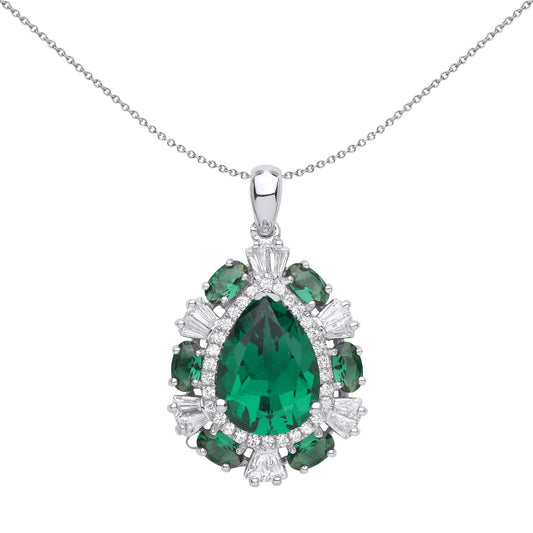 Silver Green Pear Oval CZ Ovoid Turtle Shell Pendant Necklace - GVP585