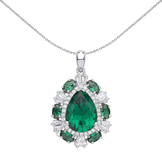 Silver Green Pear Oval CZ Ovoid Turtle Shell Pendant Necklace 18" - GVP585