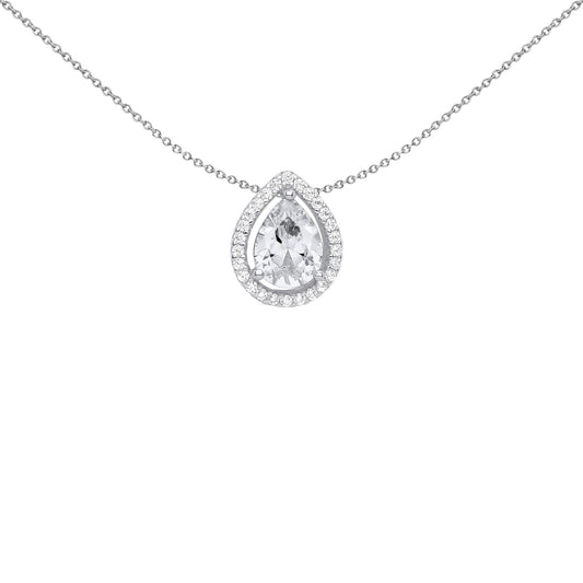 Silver Pear CZ Tear Droplet Halo Solitaire Slider Necklace 18" - GVP588