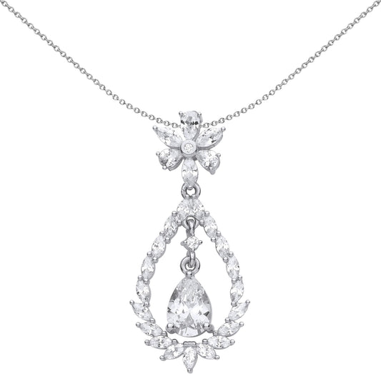 Silver Pear Marquise CZ Fiery Snowflake Chandelier Necklace 18" - GVP593