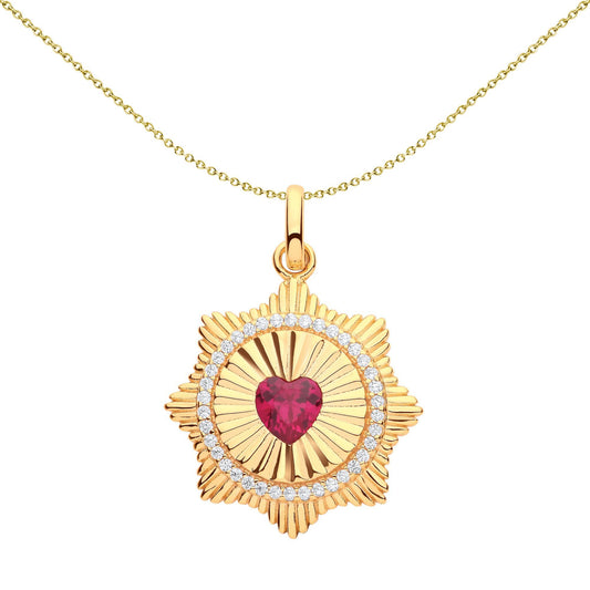 Silver Red Heart CZ Fluted Sunburst Heart Halo Necklace - GVP602
