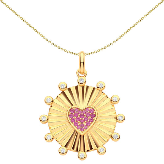 Gilded Silver Red CZ Fluted Sunburst Bubbly Heart Necklace - GVP603