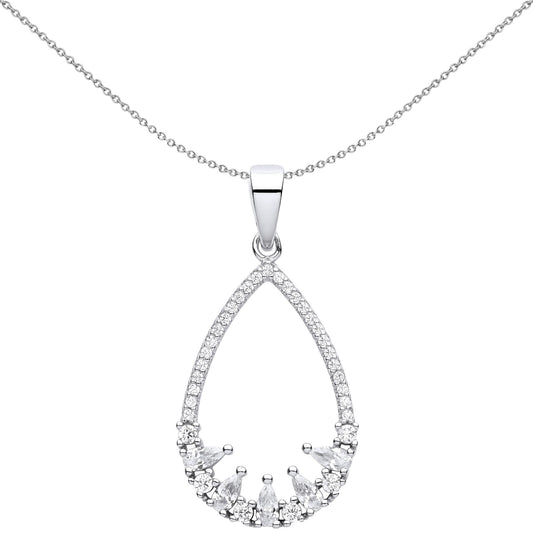 Silver Pear CZ 5 Chicks In A Birds Nest Pear Pendant Necklace 18" - GVP619