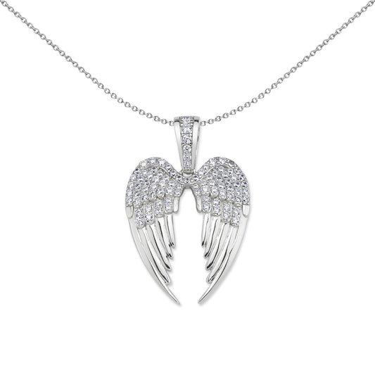 Silver CZ Folded Angel Wings Love Heart Pendant Necklace 18 inch - GVP639