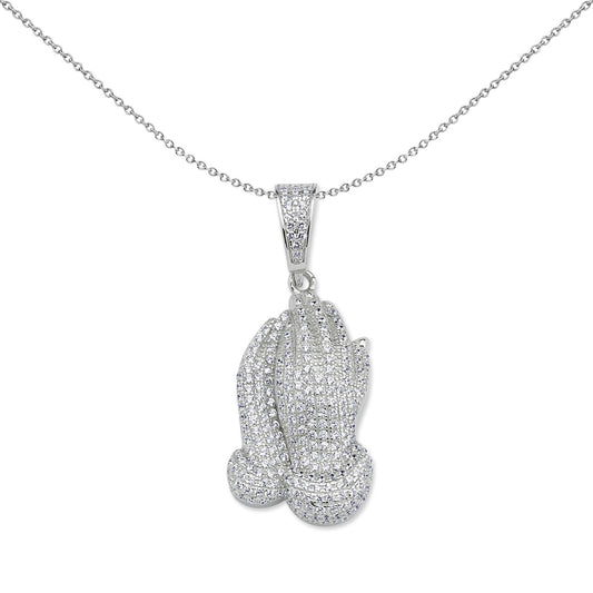 Unisex Silver CZ Praying Folded Hands Pendant Necklace 18 inch - GVP640