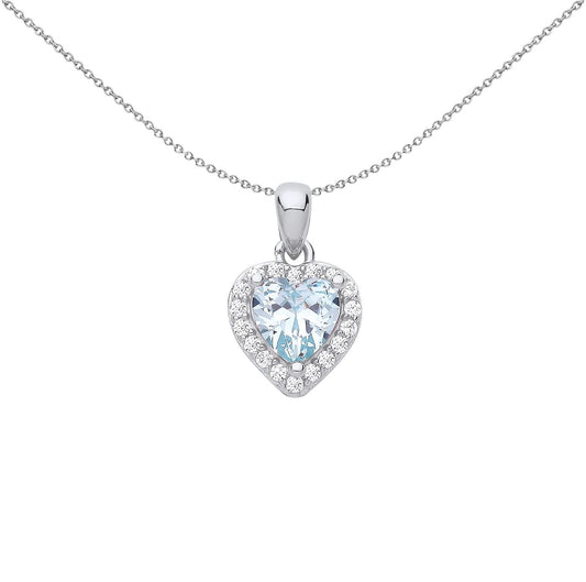 Silver Blue Heart CZ Love Heart Halo Cluster Pendant Necklace - GVP653