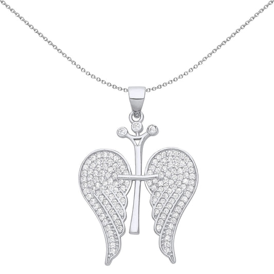 Silver CZ Folded Angel Wings Cross Crown Pendant Necklace 18 inch - GVP656