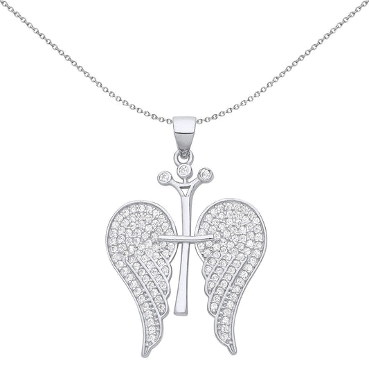 Silver CZ Folded Angel Wings Cross Crown Pendant Necklace - GVP656