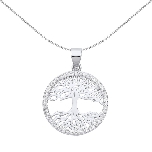 925 Silver CZ Halo Circle Tree of Life Pendant Necklace 18 inch - GVP657