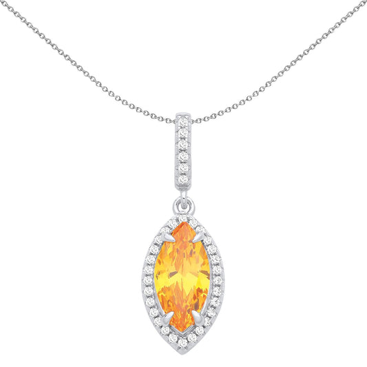 Silver Yellow Marquise CZ Fiery Cat Eye Halo Pendant Necklace - GVP672