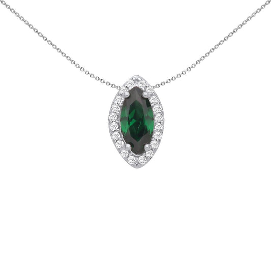 Silver Green Marquise CZ Cats Eyes Halo Pendant Necklace - GVP677