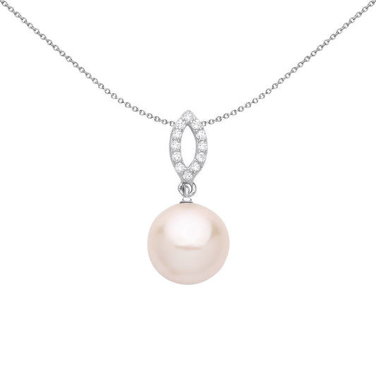 Silver Peach Pearl CZ Cats Eyes Halo Full Moon Necklace - GVP680