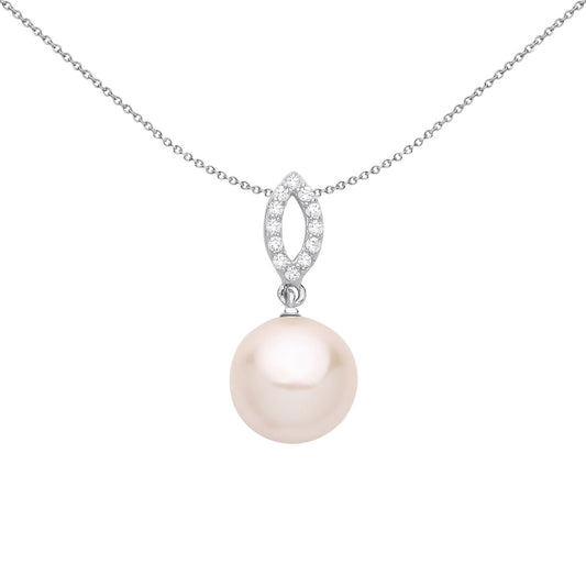 Silver Peach Pearl CZ Cats Eyes Halo Full Moon Necklace 18" - GVP680