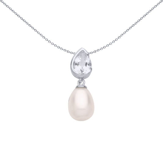 Silver Cream Pear Pearl CZ Mirrored Pear Drops Necklace 18" - GVP682