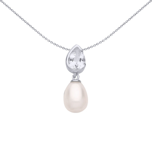 Silver Cream Pear Pearl CZ Mirrored Pear Drops Necklace - GVP682