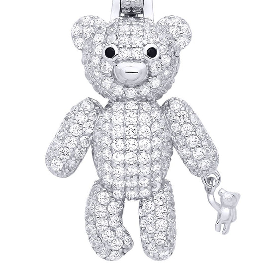 Silver Black CZ Moveable Bear & Mini Teddy Pendant Necklace - GVP689