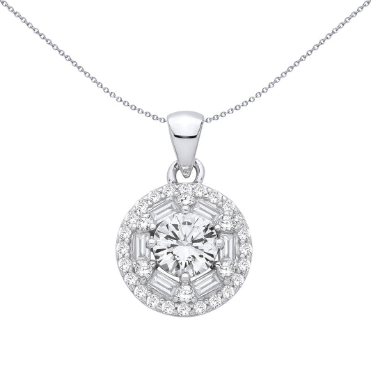 Silver Baguette CZ Explodding Radiant Circular Halo Pendant - GVP710