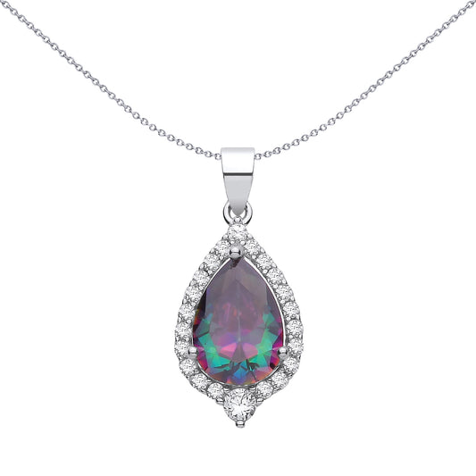 Silver Rainbow Pear CZ Pear Shield Halo Peacock Solitaire Pendant - GVP715