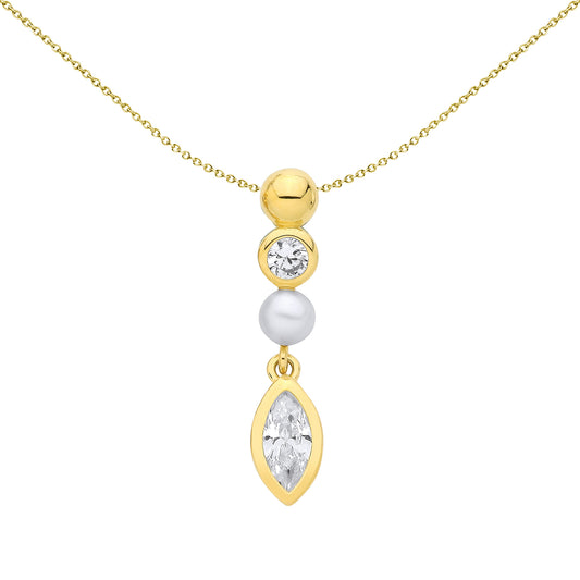 Gold-plated Silver Marquise Pearl CZ Golden Halo Bubble Pendant - GVP718