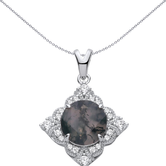 Silver Grey Moss Agate & CZ Mysterious Kite Beaded Pendant - GVP727