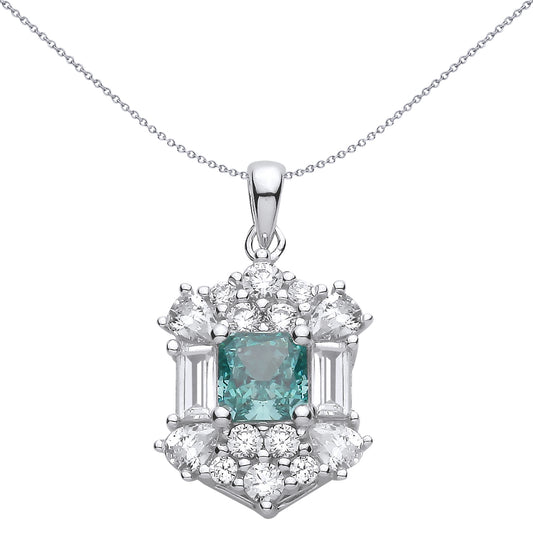 Silver Blue Octagon Pear CZ Mystic Icy Fiery Art Deco Pendant - GVP731