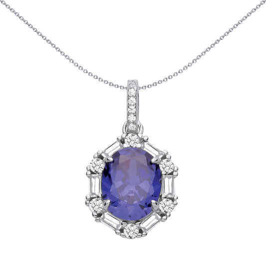 Silver Blue Oval & Baguette CZ Magic Mirror Solitaire Pendant - GVP732