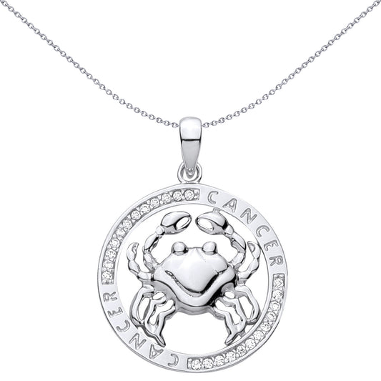 Silver CZ Semi-set Halo Circle Zodiac Cancer Crab Charm Pendant - GVP736CAN