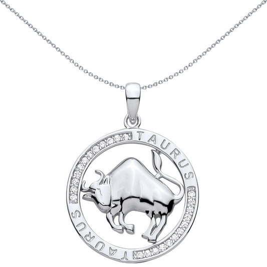 Silver CZ Semi-set Halo Circle Zodiac Taurus Raging Bull Pendant - GVP736TA