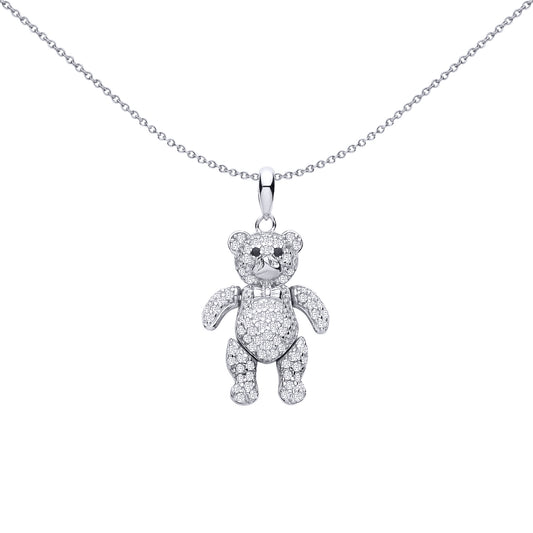 Silver Black CZ Encrusted Moveable Teddy Bear Bowtie Pendant - GVP748