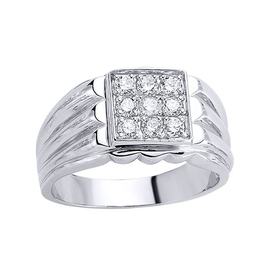 Mens Sterling Silver CZ 9 Stone Cluster Signet Ring - GVR003