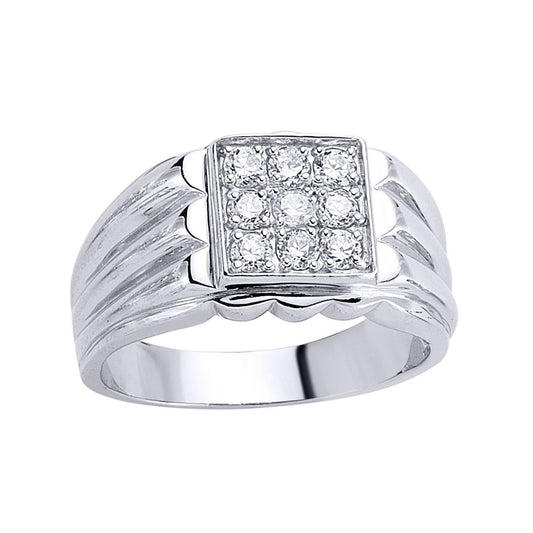 Mens Sterling Silver CZ 9 Stone Cluster Signet Ring - GVR003