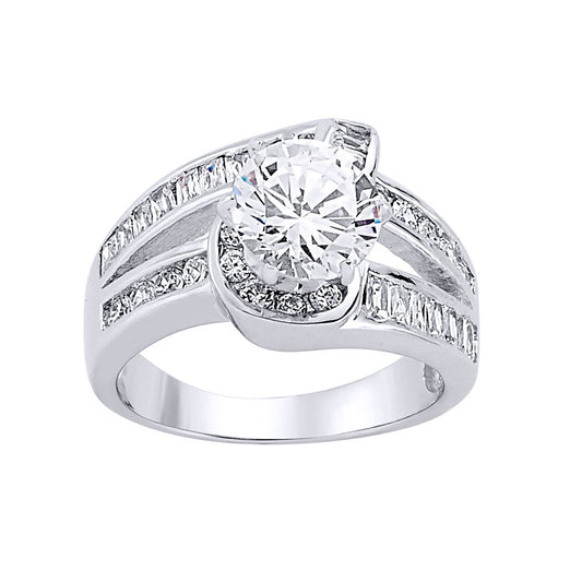 Silver Baguette CZ Crossover Twist Solitaire Engagement Ring - GVR046