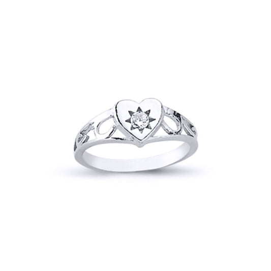 Girls Silver CZ Solitaire Love Heart Signet Ring - GVR19K