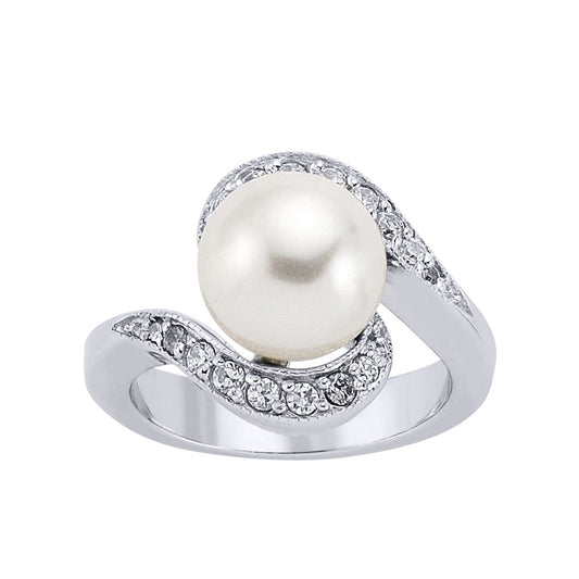Silver CZ Pearl Tornado Spiral Full Moon Dress Ring 11mm - GVR231