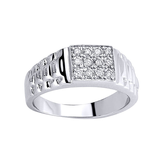 Mens Silver CZ Watch Strap Cluster Signet Ring - GVR281