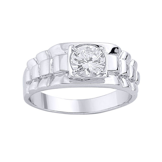 Mens Silver CZ Watch Strap Solitaire Signet Ring - GVR283