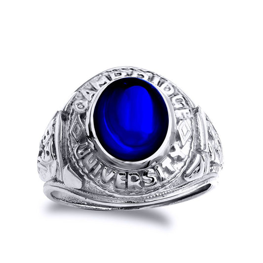 Mens Silver Sapphire-Blue CZ Cambridge University College Ring - GVR284